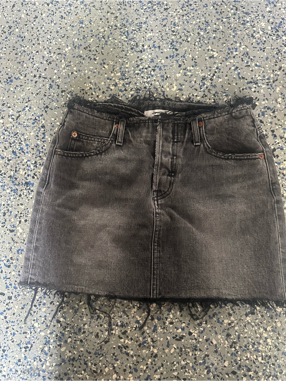 Moussy Black Washed Denim Mini Skirt with Frayed Hem
